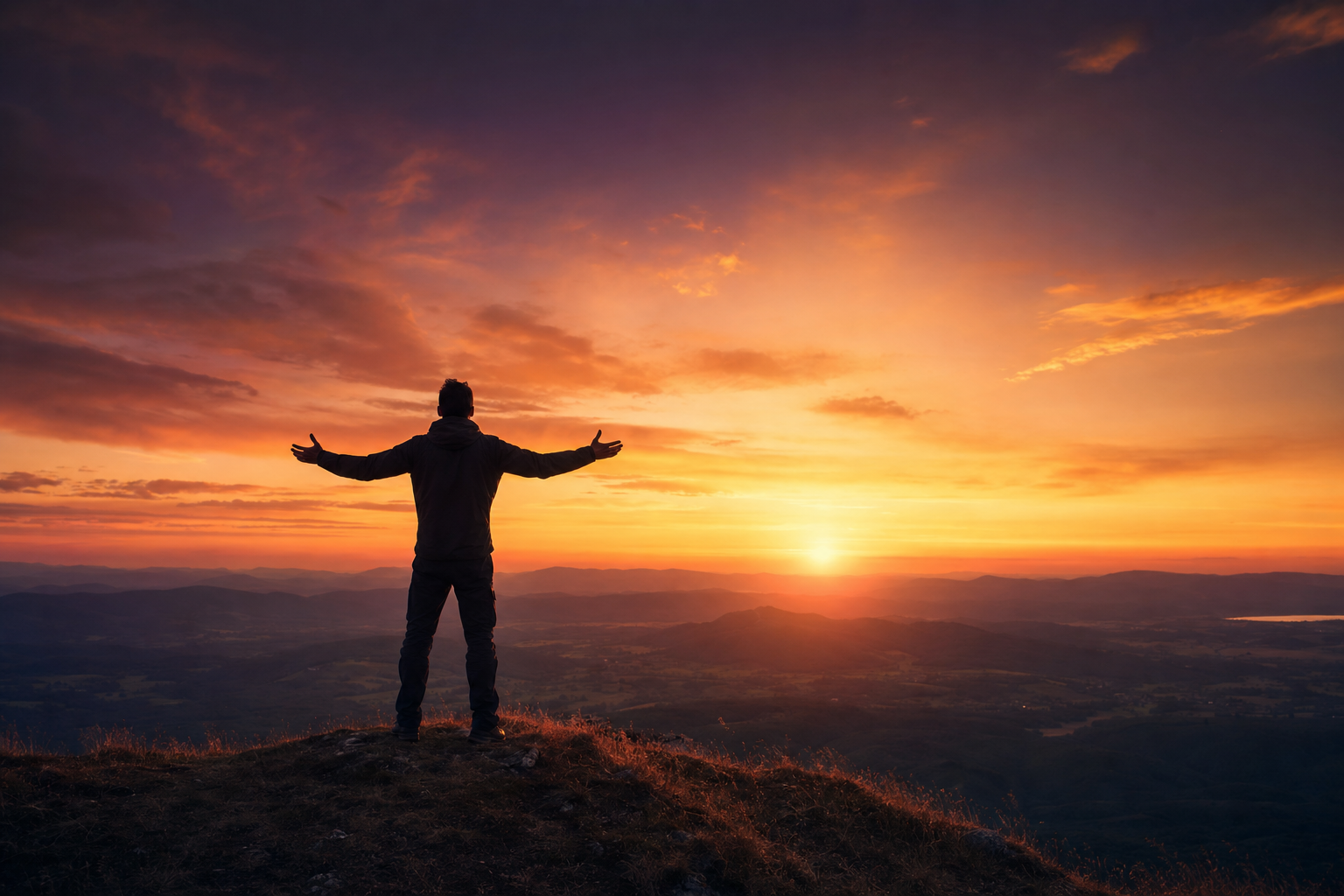 Silhouette on hilltop at sunset